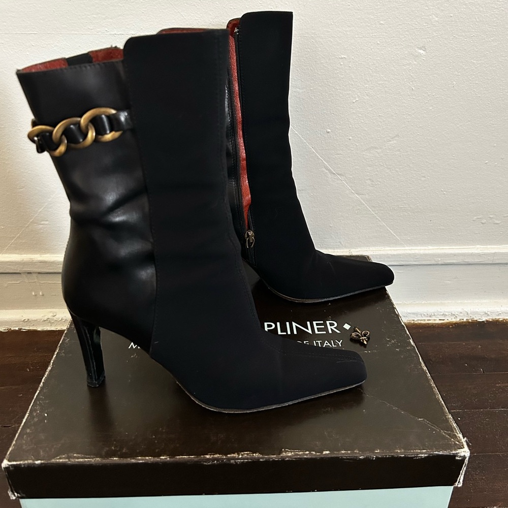 Donald J. Pliner Black Ankle Boots with Gold Chain Detail